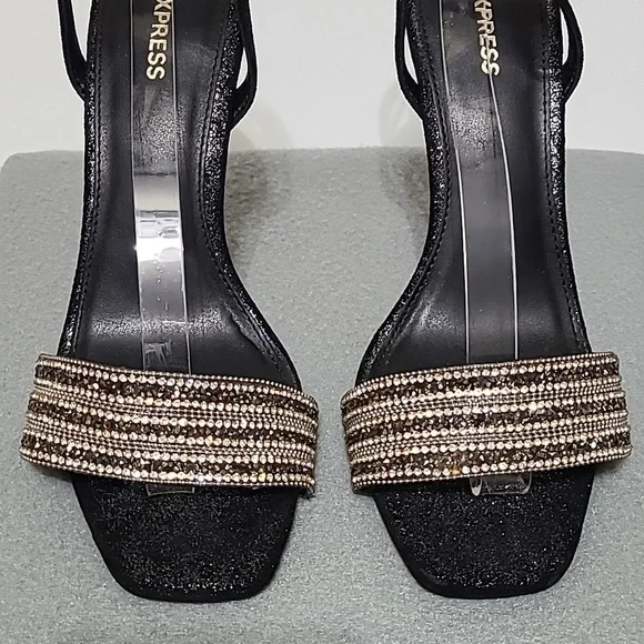 EXPRESS Women's Black Rhinestone Strappy 4 inch Open Toe Heels - Size 7.5 - Picture 3 of 12